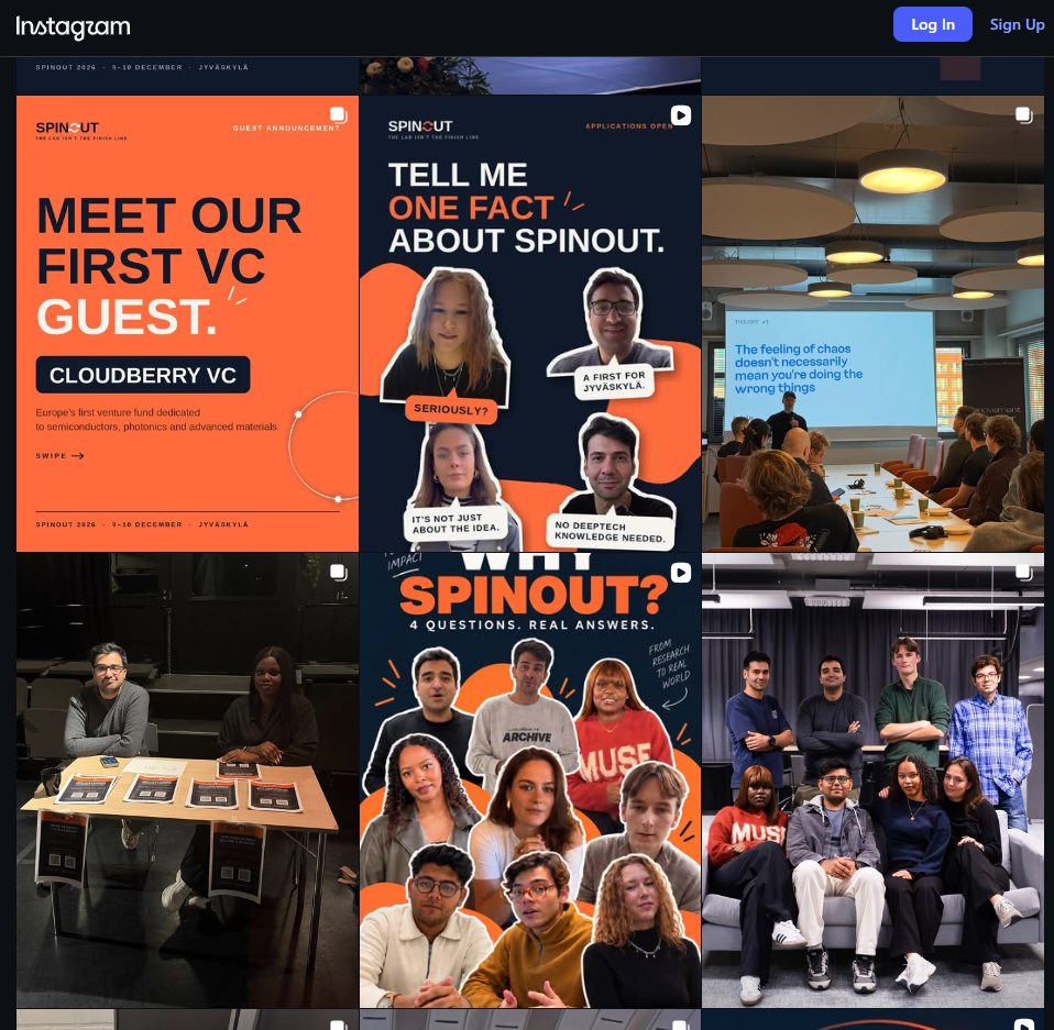 Preview of the Spinout Instagram page with guest announcements, team stories and event posts